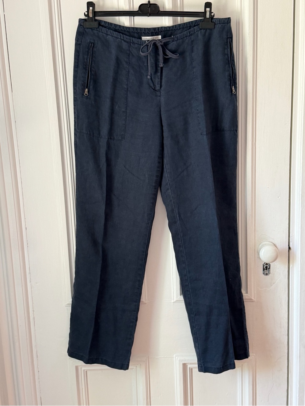 Women’s Trenery Tie Waist 100%Linen Navy Blue Trousers Size 12